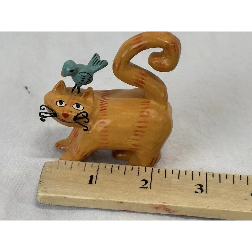 Vtg Small Cat And Bluebird Carved Figure Mini Folk Art Whimsy Crazy Cat Lady